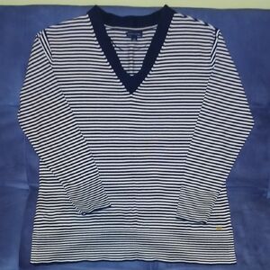 Tommy Hilfiger Navy and White Striped Long Sleeve Womens Large